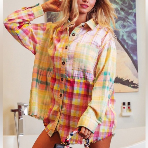 New Trendy Boho Multi Plaid Vintage Washed Distressed Hem Button Down Shirt - Picture 3 of 10
